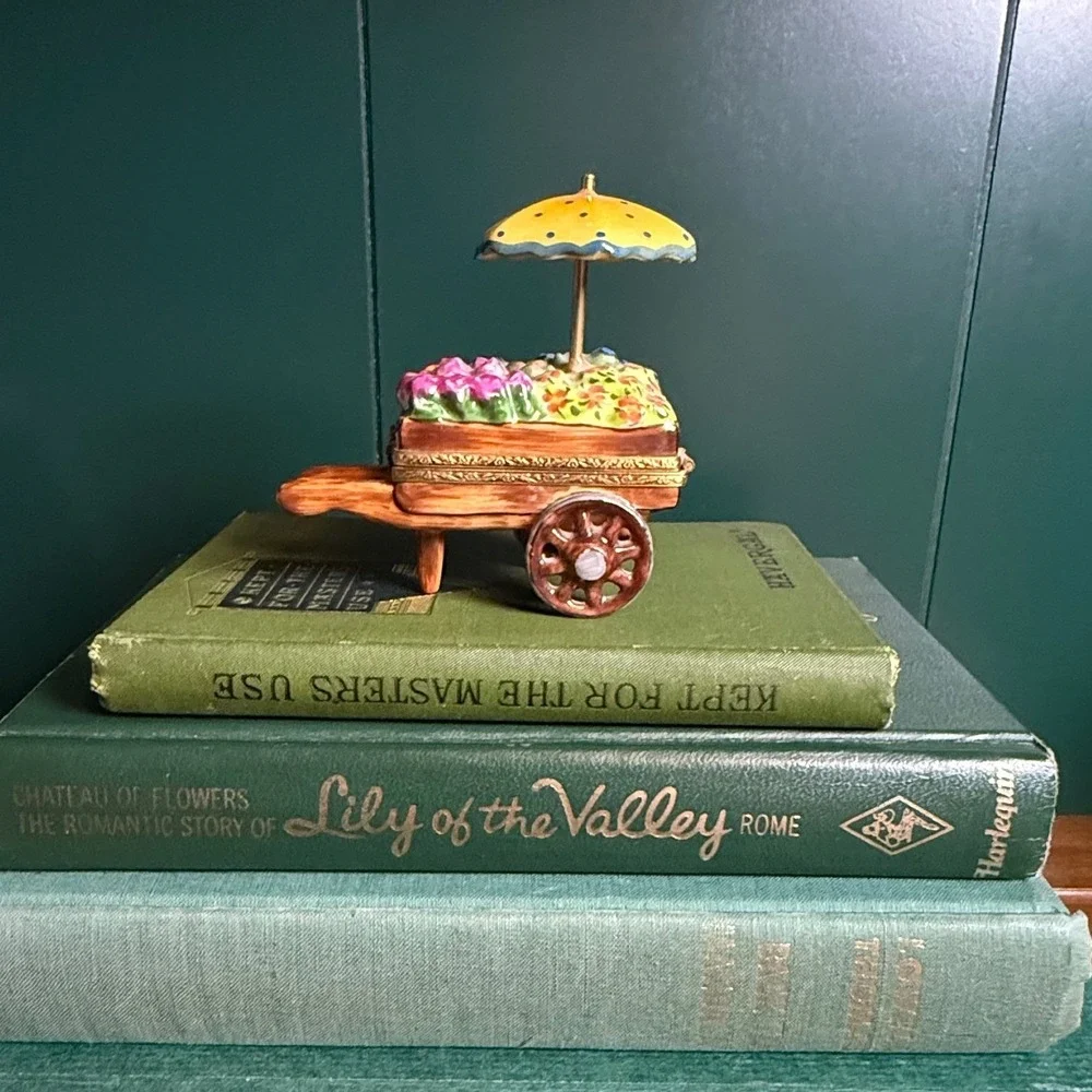 Vintage Limoges France Hand Painted Porcelain Faux wood Flower Cart Trinket Box